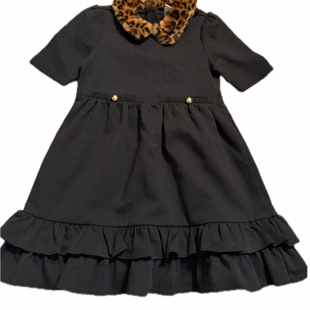 Janie and jack girls size 4 black dress with fur leopard collar